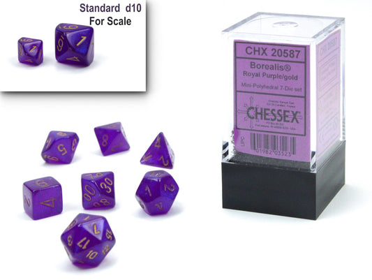 Borealis: Royal Purple/gold Luminary Mini-Polyhedral 7-Die Set