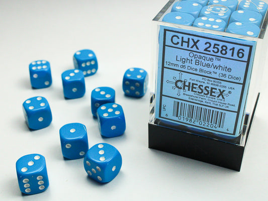 Opaque: Light Blue/white 12mm D6 Dice Block (36)