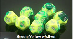 Gemini: Green Yellow/Silver 16mm D6 Dice Block (12)