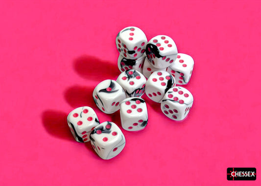 Gemini: Black-White/Pink 16mm D6 Dice Block (12)