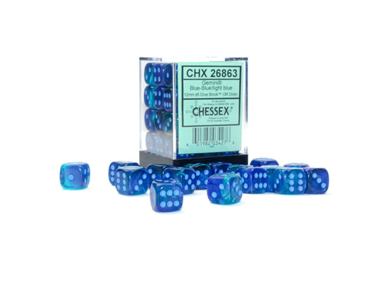 Gemini: Blue-Blue/light blue Luminary 12mm D6 Dice Block (36)