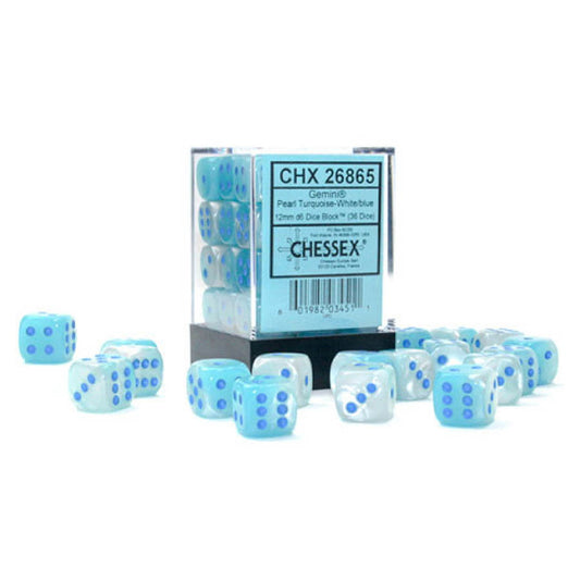 Gemini: Pearl Turquoise-White/blue Luminary 12mm D6 Dice Block (36)