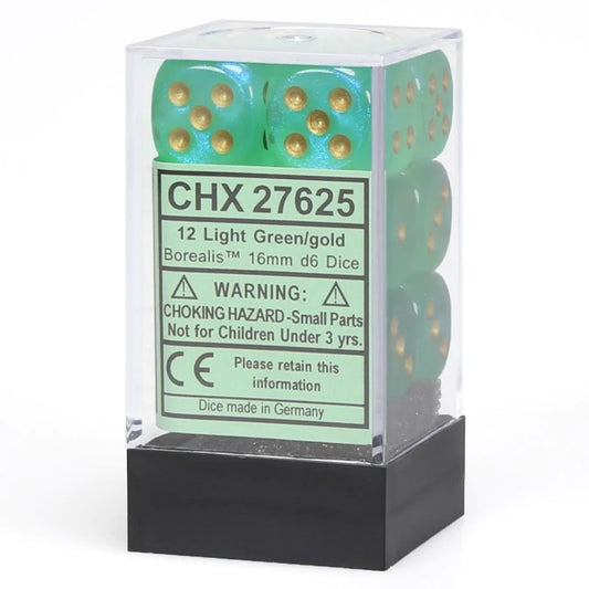 Borealis: Light Green/Gold 16mm D6 Dice Block (12)