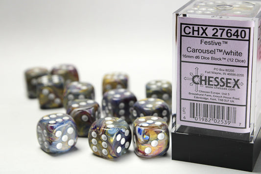 Festive: Carousel/White 16mm D6 Dice Block (12)