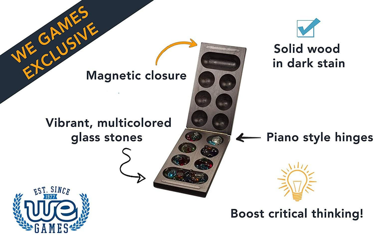Folding Mancala Game - Dark Stained Wood & Glass Stones