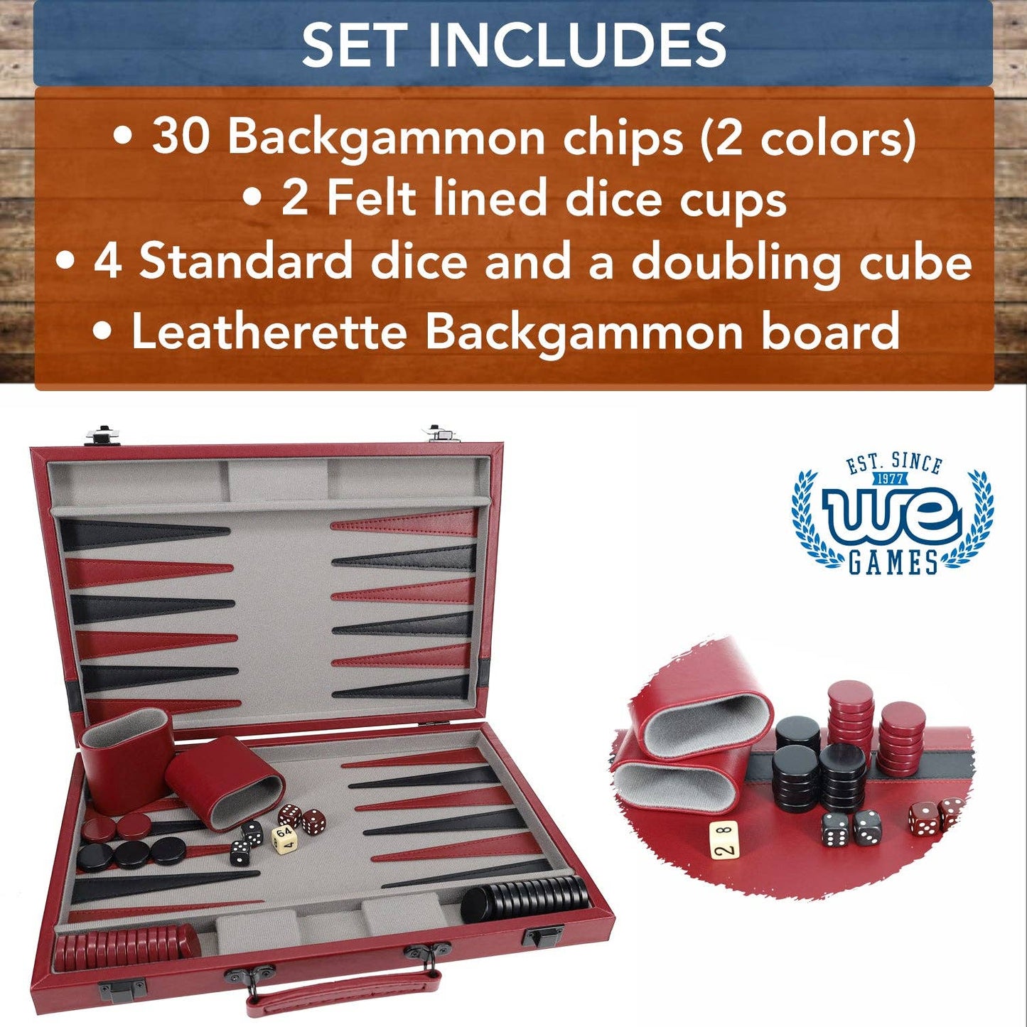 WE Games Burgundy/Black Leatherette Backgammon, 18 in.