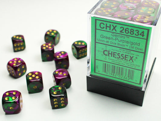 Gemini: Green-Purple Gold 12mm D6 Dice Block (36)