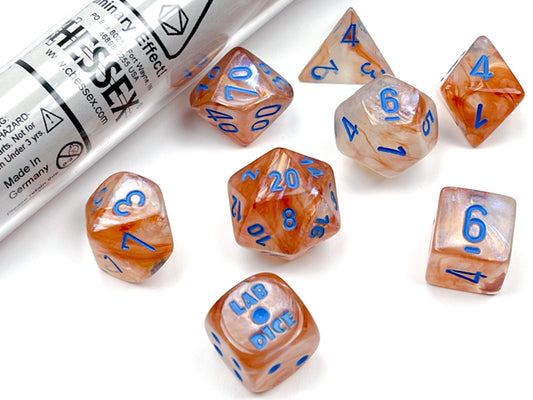 Lab Dice: Borealis Rose Gold/light blue Luminary Polyhedral 7-Dice Set (with bonus die)