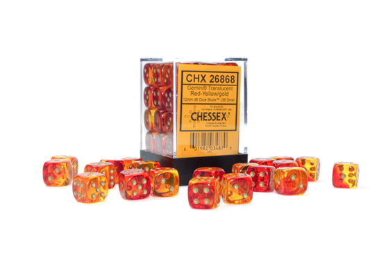 Gemini: Translucent Red-Yellow/gold 12mm D6 Dice Block (36)