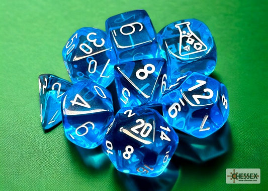 Lab Dice: Translucent Tropical Blue/white Polyhedral 7-Die Set (with bonus die)