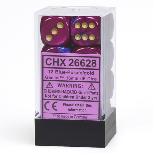 Gemini: Blue Purple/Gold 16mm D6 Dice Block (12)