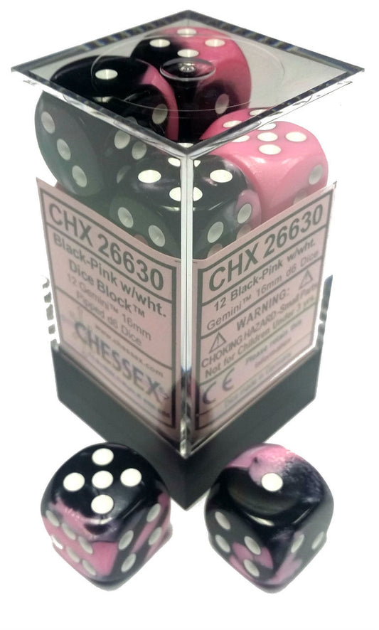 Gemini: Black Pink/White 16mm D6 Dice Block (12)