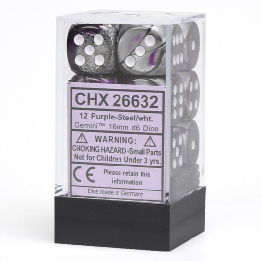 Gemini: Purple Steel/White 16mm D6 Dice Block (12)