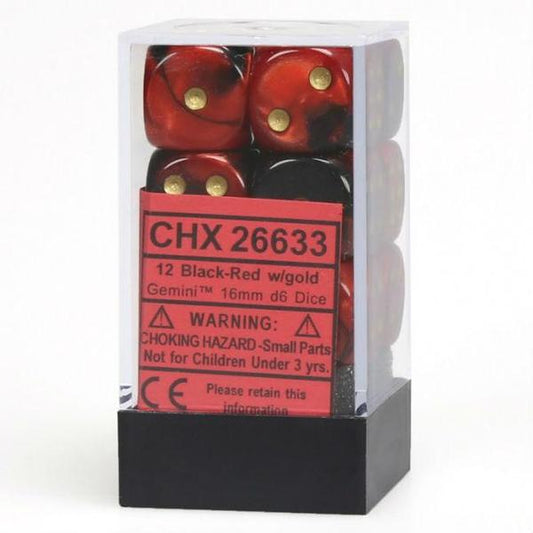Gemini: Black Red Gold/Black 16mm D6 Dice Block (12)