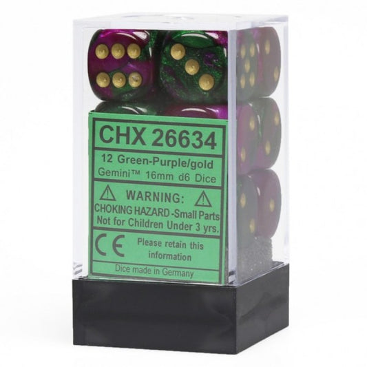 Gemini: Green Purple Gold/Black 16mm D6 Dice Block (12)