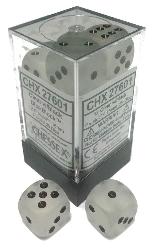 Frosted: Clear/Black 16mm D6 Dice Block (12)