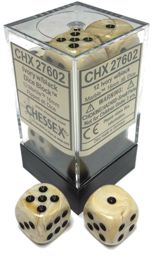 Marble: Ivory/Black 16mm D6 Dice Block (12)