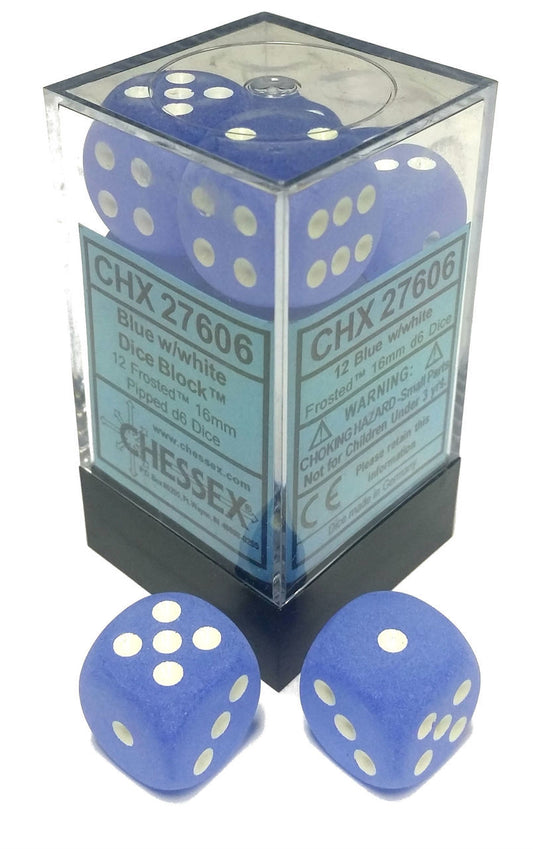 Frosted: Blue/White 16mm D6 Dice Block (12)