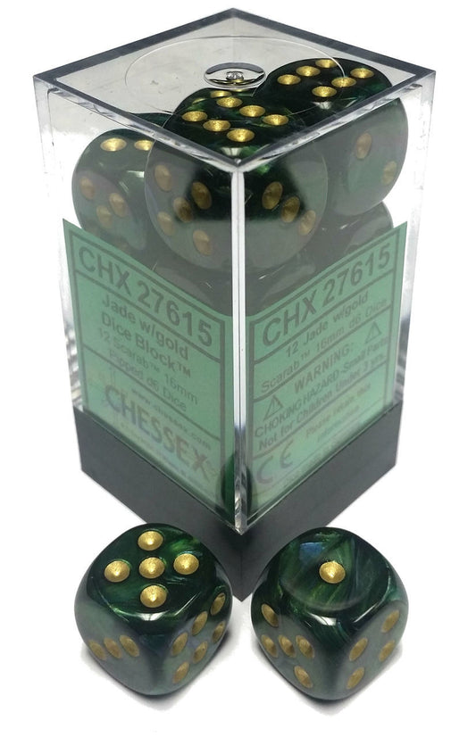Scarab: Jade/Gold/Black 16mm D6 Dice Block (12)