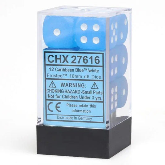 Frosted: Caribbean Blue/White Block 16mm D6 Dice Block (12)