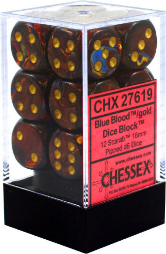 Scarab: Blue/Blood/Gold 16mm D6 Dice Block (12)
