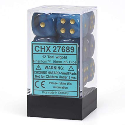 Phantom: Teal/Gold 16mm D6 Dice Block (12)