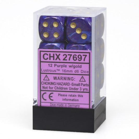 Lustrous: Purple/Gold/Black 16mm D6 Dice Block (12)