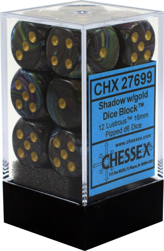 Lustrous: Shadow/Gold 16mm D6 Dice Block (12)