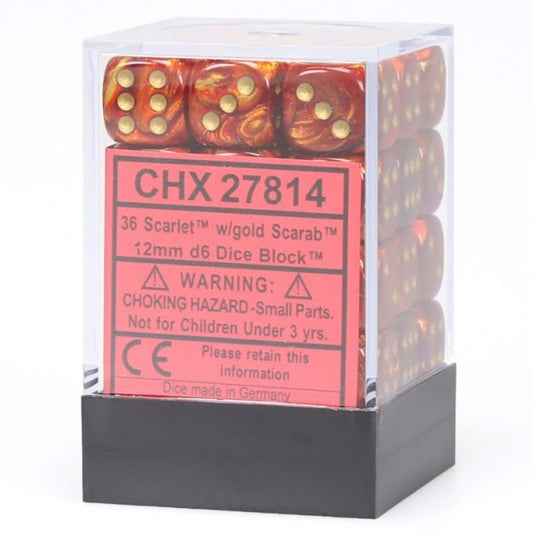 Scarab: Scarlet/Gold 12mm D6 Dice Block (36)
