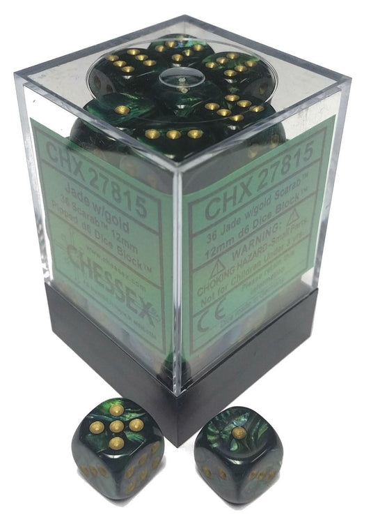 Scarab: Jade/Gold 12mm D6 Dice Block (36)