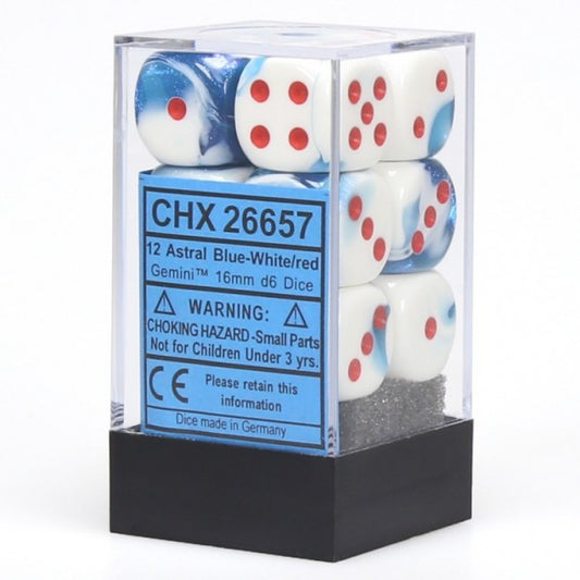 Gemini: Astral Blue/White/Red 16mm D6 Dice Block (12)