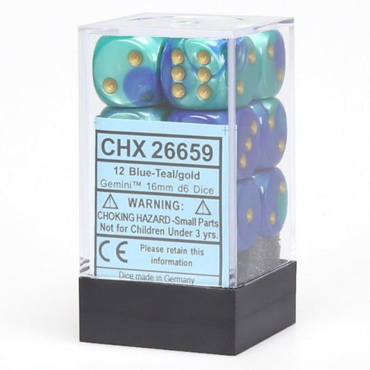 Gemini: Blue/Teal/Gold 16mm D6 Dice Block (12)