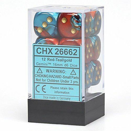 Gemini: Red/Teal/Gold 16mm D6 Dice Block (12)