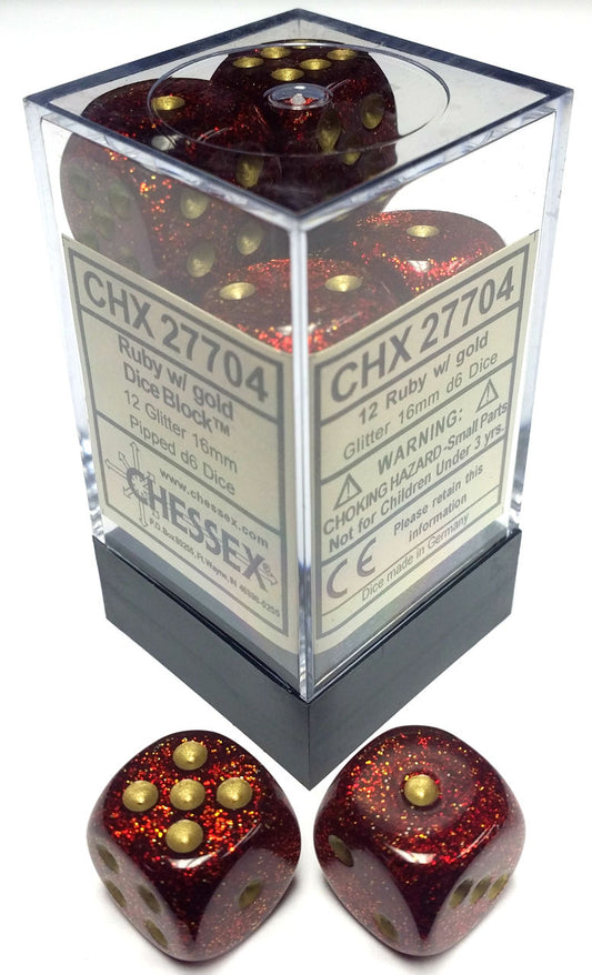 Glitter: Ruby/Gold 16mm D6 Dice Block (12)
