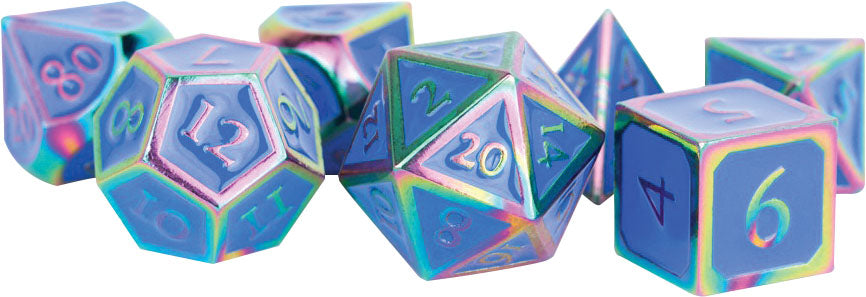 16mm Metal Polyhedral Dice Set: Rainbow with Blue Enamel