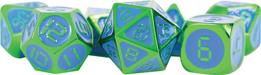 Digital Enamel Metal Dice Set 16mm: Green with Blue Enamel (7)