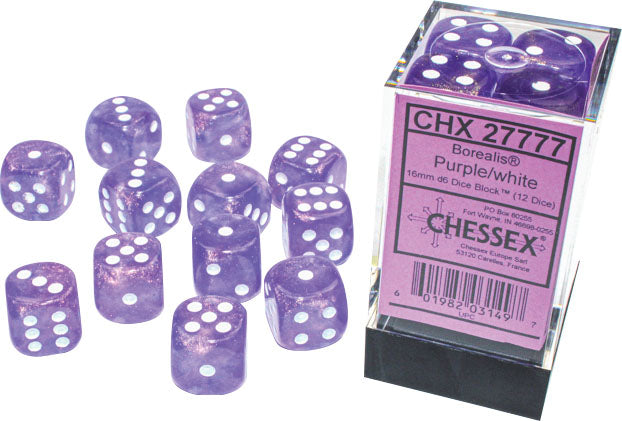 Borealis: 16mm d6 Purple/white Luminary Dice Block (12 dice)