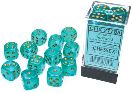 Borealis: 16mm d6 Teal/gold Luminary Dice Block (12 dice)