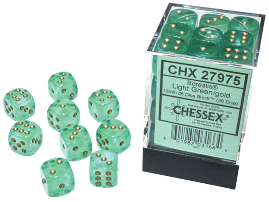 Borealis: 12mm d6 Light Green/gold Luminary Dice Block (36 dice)