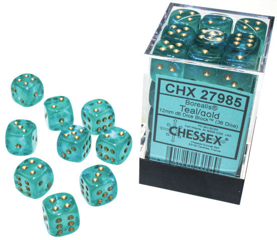 Borealis: Teal/gold Luminary 12mm D6 Dice Block (36 dice)