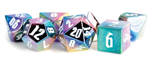 16mm Aluminum Plated Acrylic Poly Dice Set: Rainbow Aegis w/ White Numbers (7)